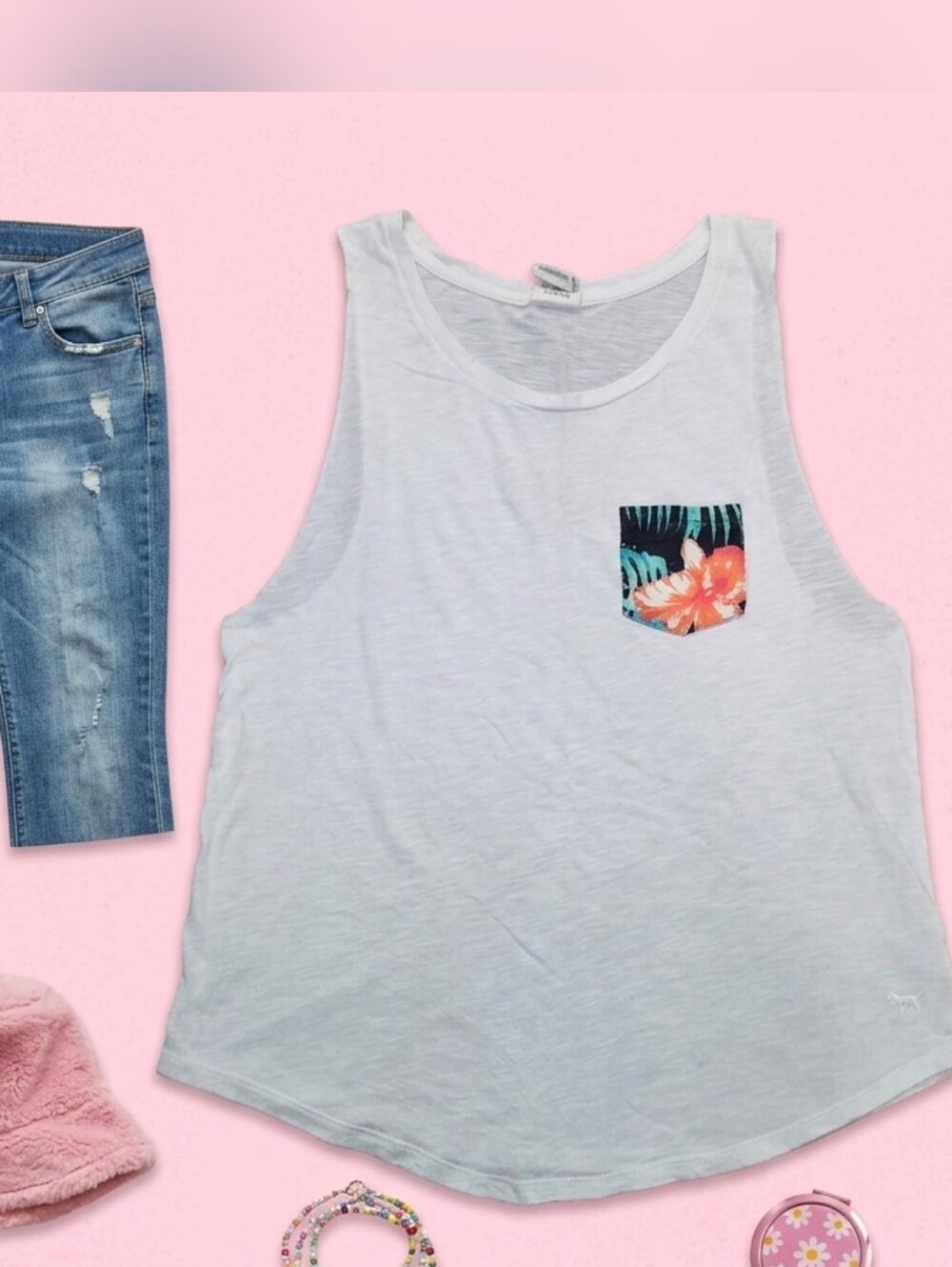 Y2K Victoria's Secret PINK White Tropical Gym Pocket Tank Tee Small Muscle Vacay